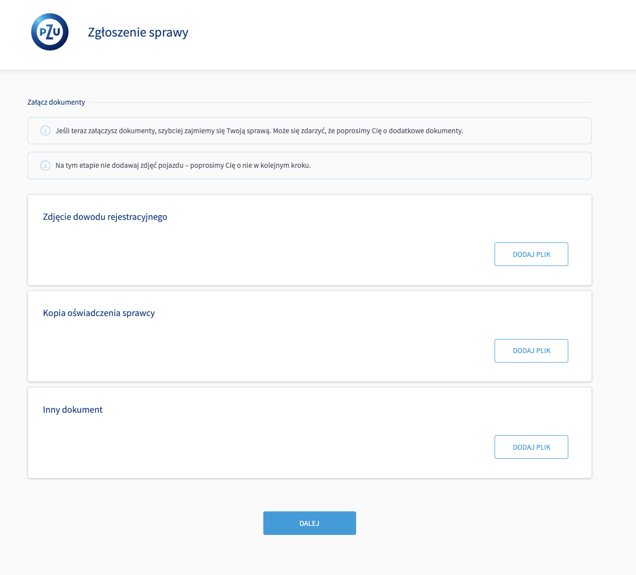 dodawanie dokumentów w procesie zgłaszania szkody PZU